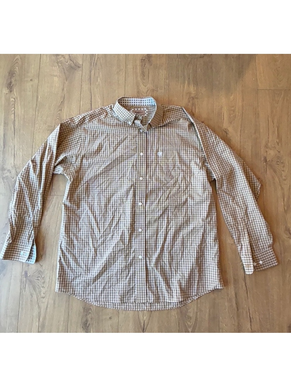 Ariat Mens XL Wrinkle Free Long Sleeve Button Up Tan Plaid
